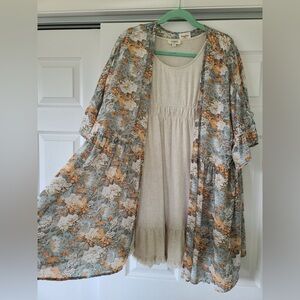 Floral Sage Green  & Cream Kimono Duster (1XL) with Cream colored Dress (L)